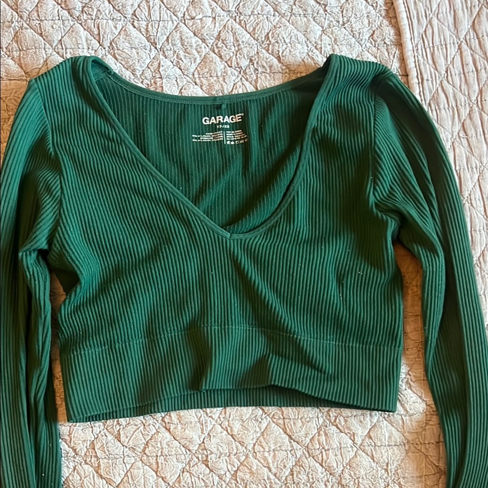 Garage Green Puff Sleeve Ribbed Crop Blouse